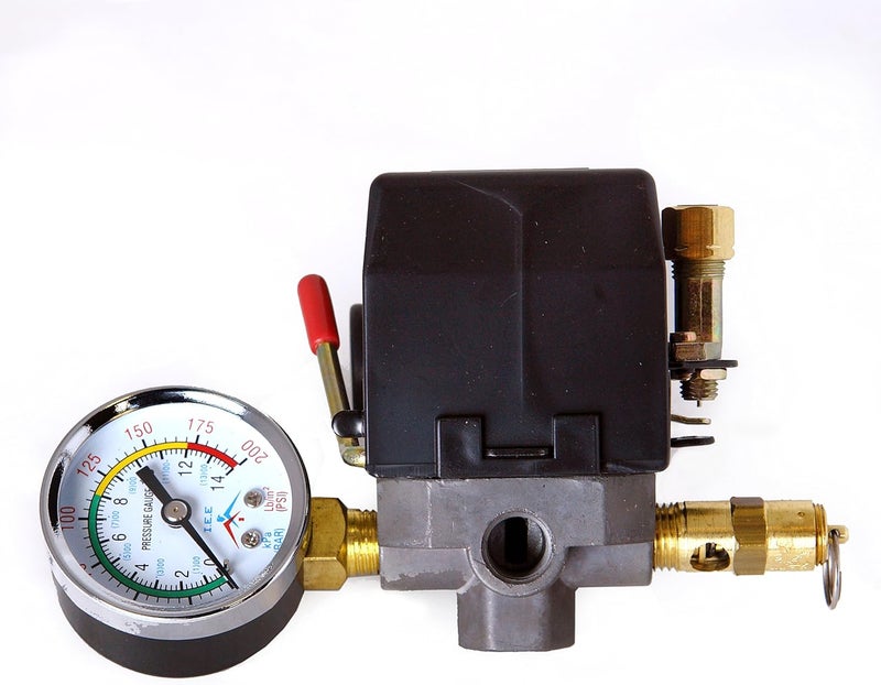 I.E.E Air Compressor Pressure Control Switch 4 Ports 95-125 PSI w/ 0-200 PSI Gauge 150 PSI pop off valve - Image 2